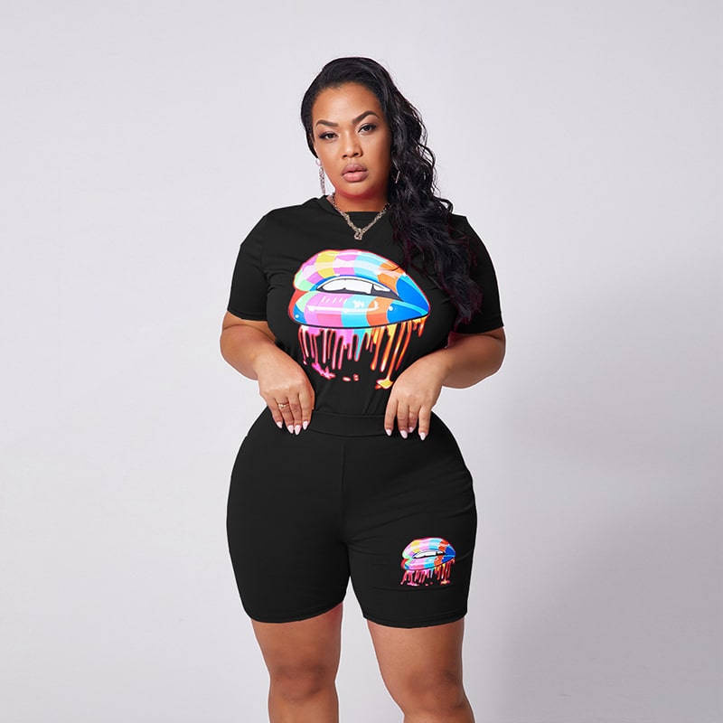 Conjunto de dos piezas de top y pantalones cortos con estampado de labios para mujer, tallas XL-4XL