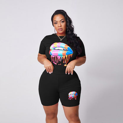 Conjunto de dos piezas de top y pantalones cortos con estampado de labios para mujer, tallas XL-4XL