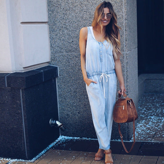 S-XL Women Casual Style Drawstring Sleeveless Denim Jumpsuits