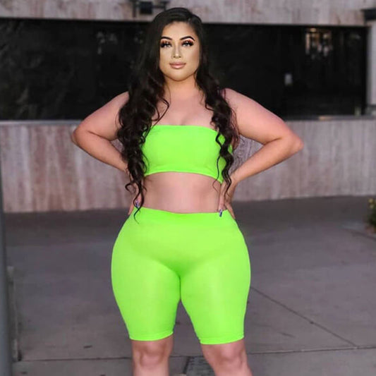 Conjunto de dos piezas de top y pantalones cortos de tubo de color liso informal para mujer, tallas grandes XL-4XL