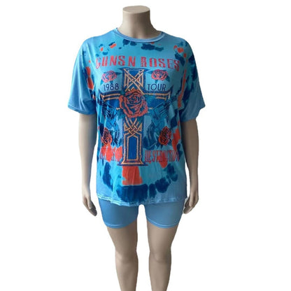Conjunto de dos piezas de top y pantalones cortos con estampado gráfico informal para mujer, tallas grandes, tallas L-4XL