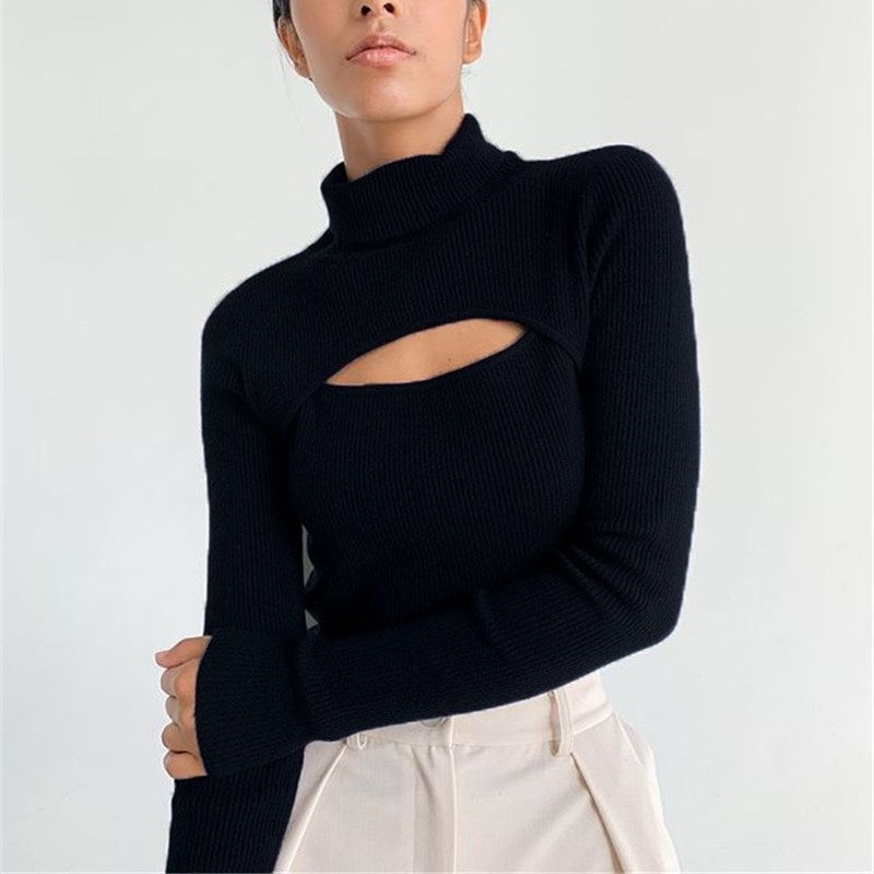S-L Women Casual Solid Color Turtle Neck Cut Out Knitwear