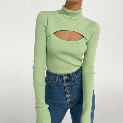 S-L Women Casual Solid Color Turtle Neck Cut Out Knitwear