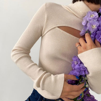 S-L Women Casual Solid Color Turtle Neck Cut Out Knitwear