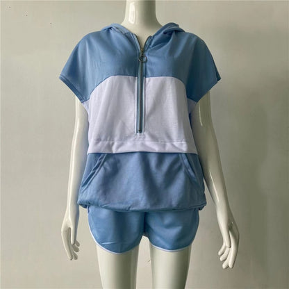 Conjunto de dos piezas con sudadera y pantalones cortos con bloques de color para mujer, tallas S-XL