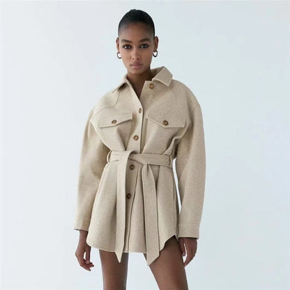 Abrigo informal de manga larga con solapa y faja para mujer, talla XS-L