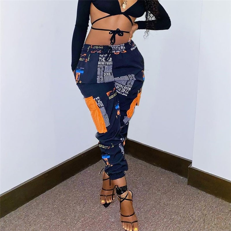 S-XL Women Casual Letter Printing Pocket Patchwork Pants