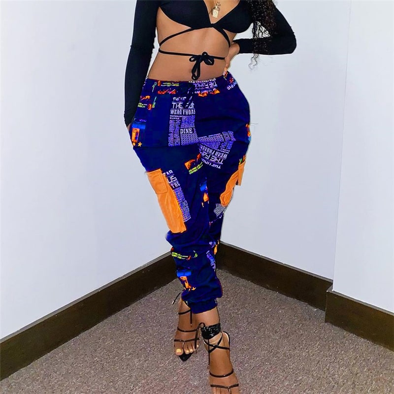 S-XL Women Casual Letter Printing Pocket Patchwork Pants