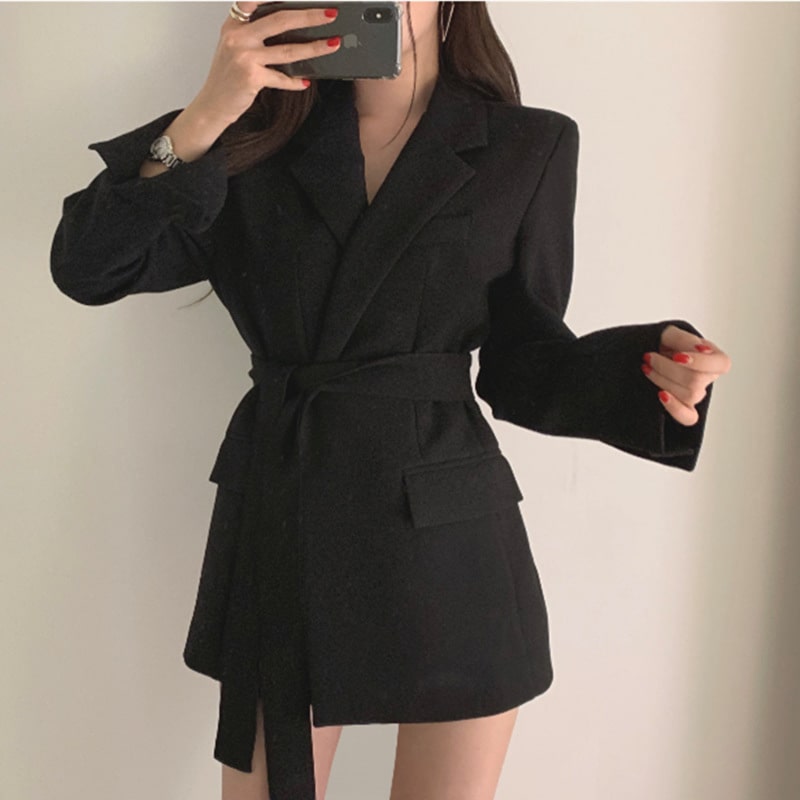 S-2XL Women Casual Solid Color Lapel Sash Blazer