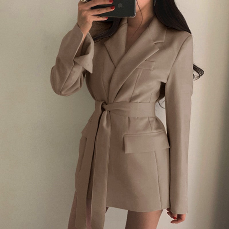 S-2XL Women Casual Solid Color Lapel Sash Blazer