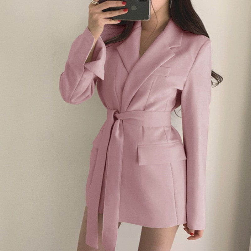 S-2XL Women Casual Solid Color Lapel Sash Blazer