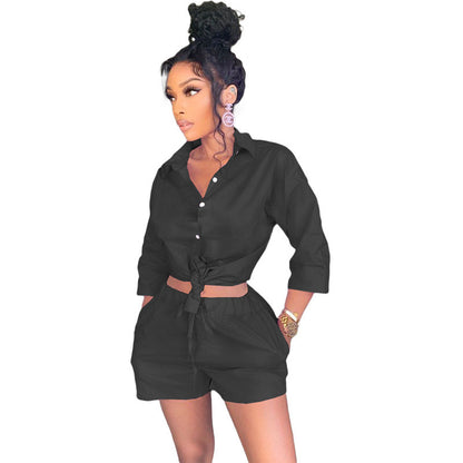 Conjunto de dos piezas informal de top y pantalones cortos de un solo pecho de color liso para mujer tallas S-XL