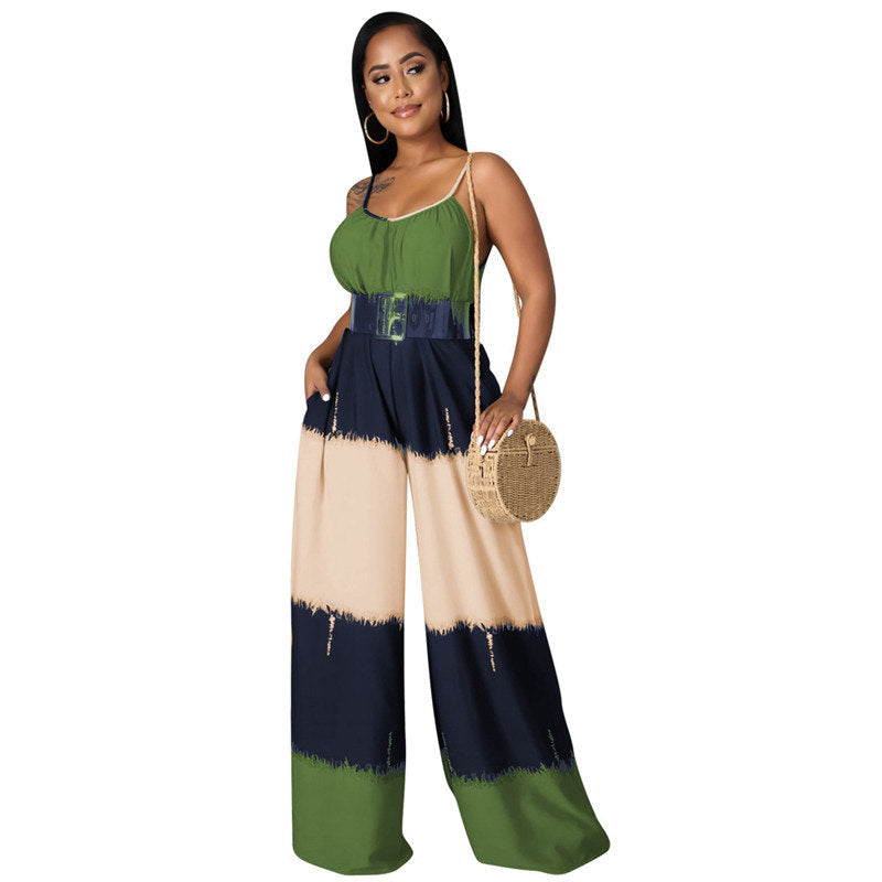 S-2XL Women Casual Color Blocking Strap Jumpsuits
