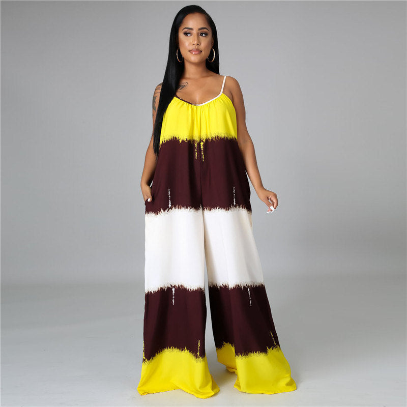 S-2XL Women Casual Color Blocking Strap Jumpsuits