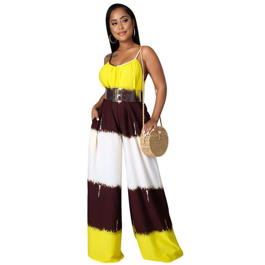S-2XL Women Casual Color Blocking Strap Jumpsuits