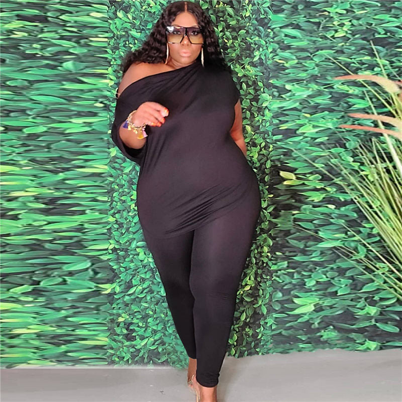 Conjunto de dos piezas de top y pantalón con hombros descubiertos, informal, de talla grande, para mujer, color liso, talla L-5XL