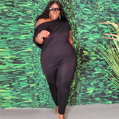 Conjunto de dos piezas de top y pantalón con hombros descubiertos, informal, de talla grande, para mujer, color liso, talla L-5XL