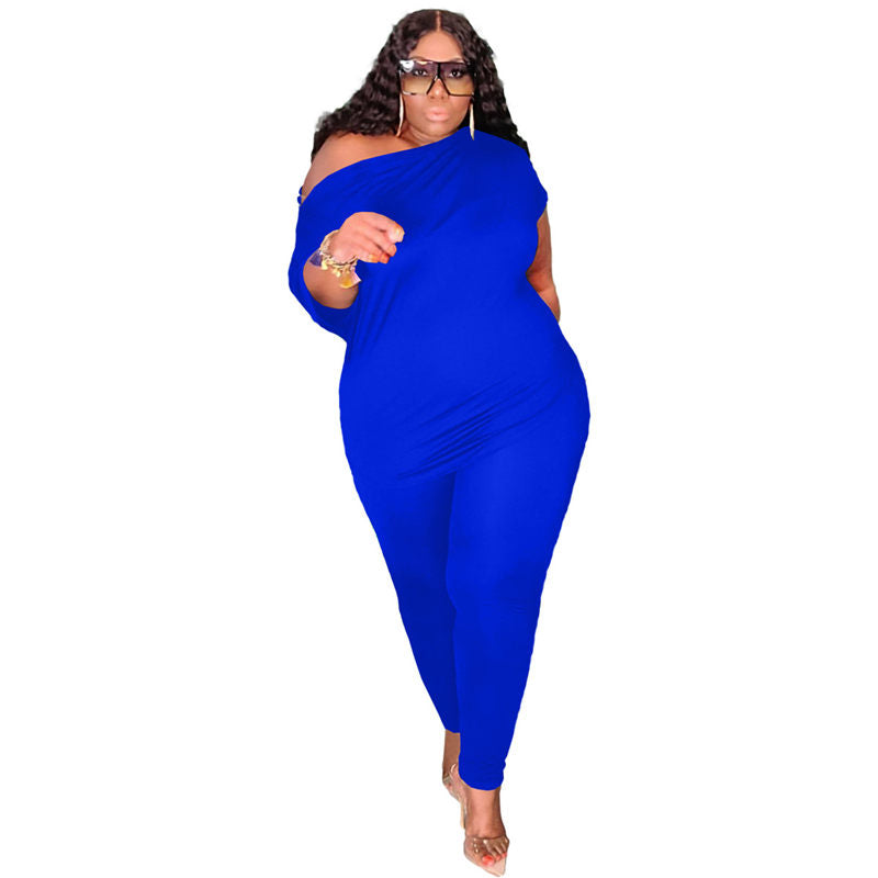 Conjunto de dos piezas de top y pantalón con hombros descubiertos, informal, de talla grande, para mujer, color liso, talla L-5XL