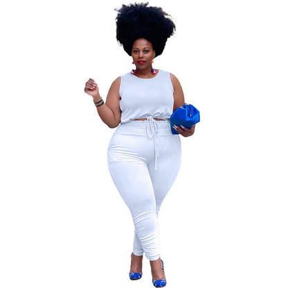 Conjunto de dos piezas de camiseta sin mangas y pantalón de color liso, informal, talla grande, para mujer, talla L-5XL