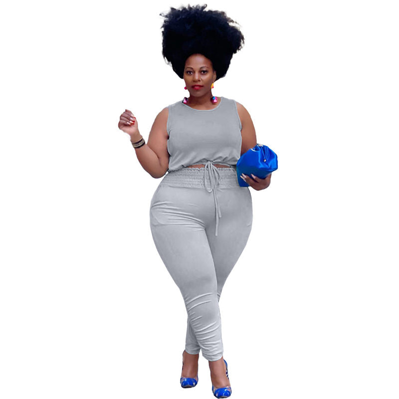 Conjunto de dos piezas de camiseta sin mangas y pantalón de color liso, informal, talla grande, para mujer, talla L-5XL