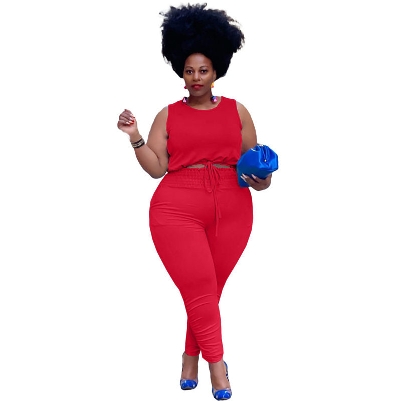 Conjunto de dos piezas de camiseta sin mangas y pantalón de color liso, informal, talla grande, para mujer, talla L-5XL