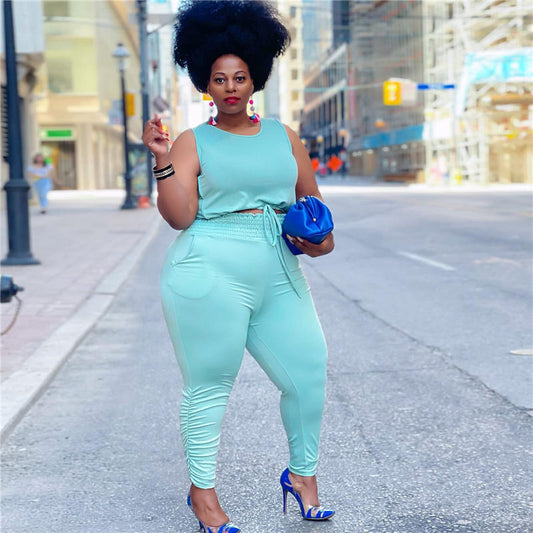 Conjunto de dos piezas de camiseta sin mangas y pantalón de color liso, informal, talla grande, para mujer, talla L-5XL