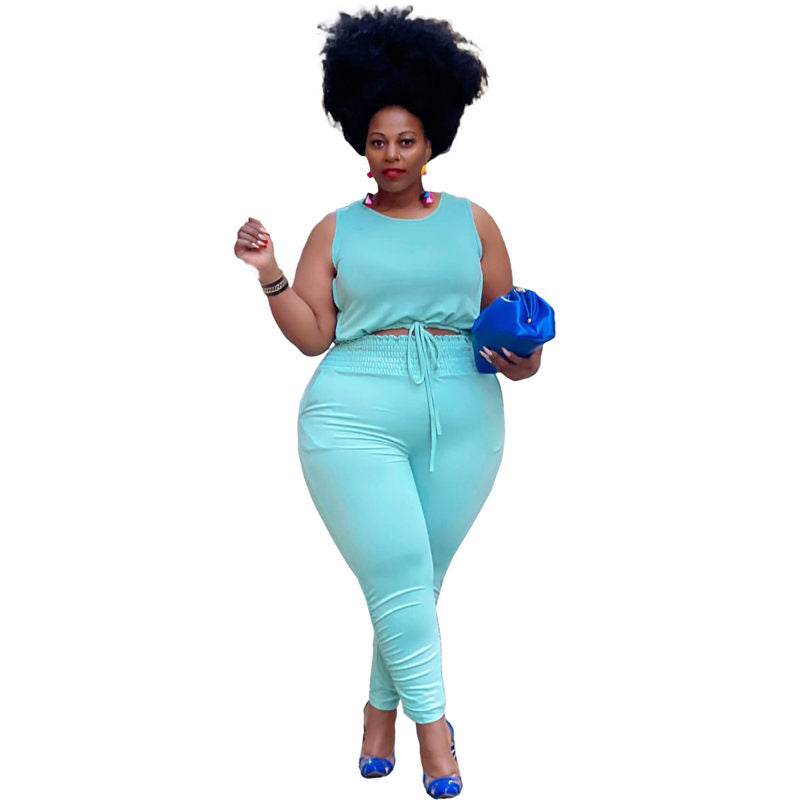 Conjunto de dos piezas de camiseta sin mangas y pantalón de color liso, informal, talla grande, para mujer, talla L-5XL