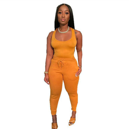 S-3XL Women Casual Solid Color Tank Top And Drawstring Waist Pants Two Pieces Set