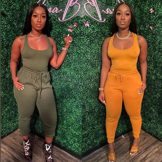 S-3XL Women Casual Solid Color Tank Top And Drawstring Waist Pants Two Pieces Set