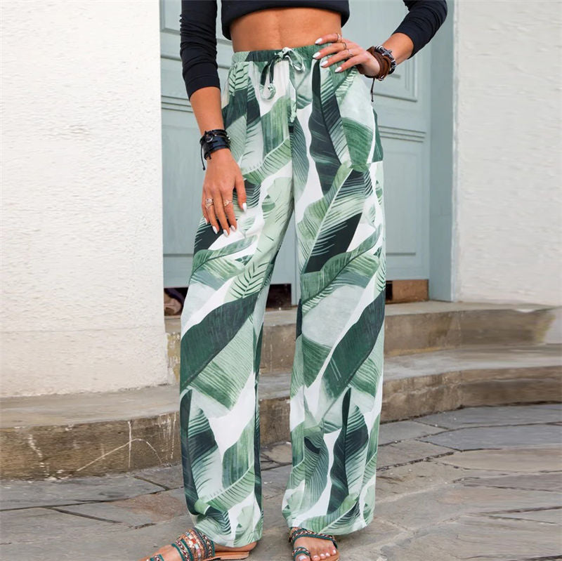 S-5XL Women Casual Leaf Printing Pants