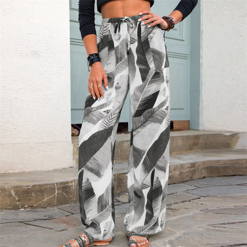 S-5XL Women Casual Leaf Printing Pants