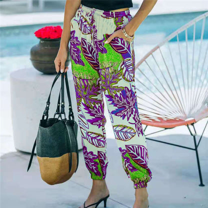 S-5XL Women Casual Leaf Printing Drawstring Waist Jogger Pants