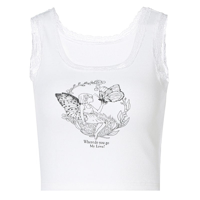 S-L Women Casual Graphic Printed Lace Crop Top