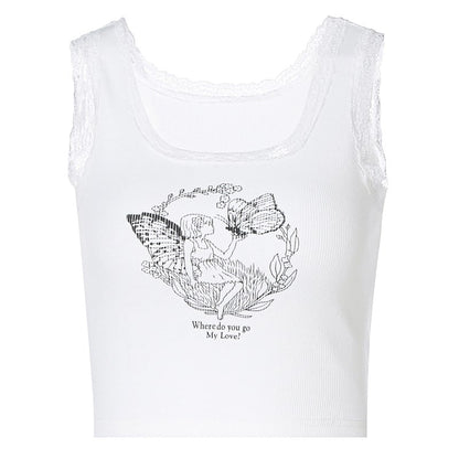S-L Women Casual Graphic Printed Lace Crop Top