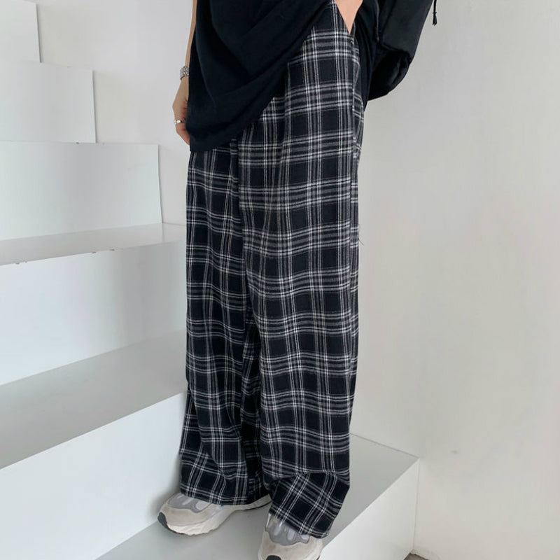 S-2XL Women Casual Chic Oversize Loose Wide Leg Trousers Plaid Pants