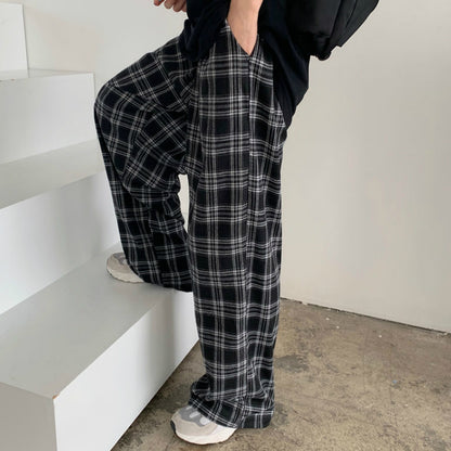 S-2XL Women Casual Chic Oversize Loose Wide Leg Trousers Plaid Pants