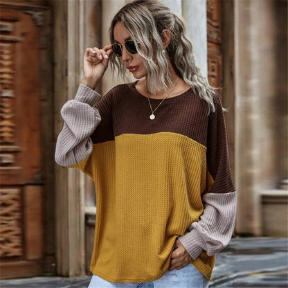 S-2XL Women Casual Color Blocking Long Sleeve Top
