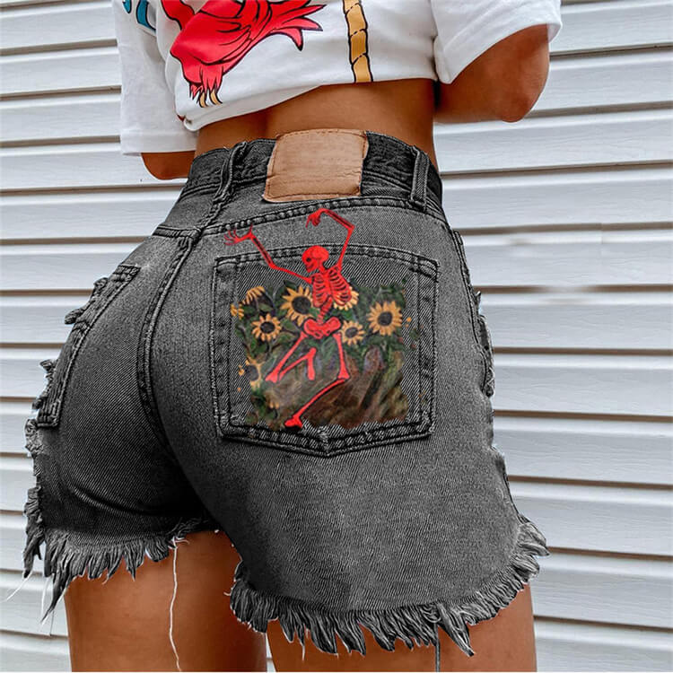 S-2XL Women Casual Skull Flowers Printed Raw Hem Ripped Denim Shorts