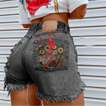S-2XL Women Casual Skull Flowers Printed Raw Hem Ripped Denim Shorts