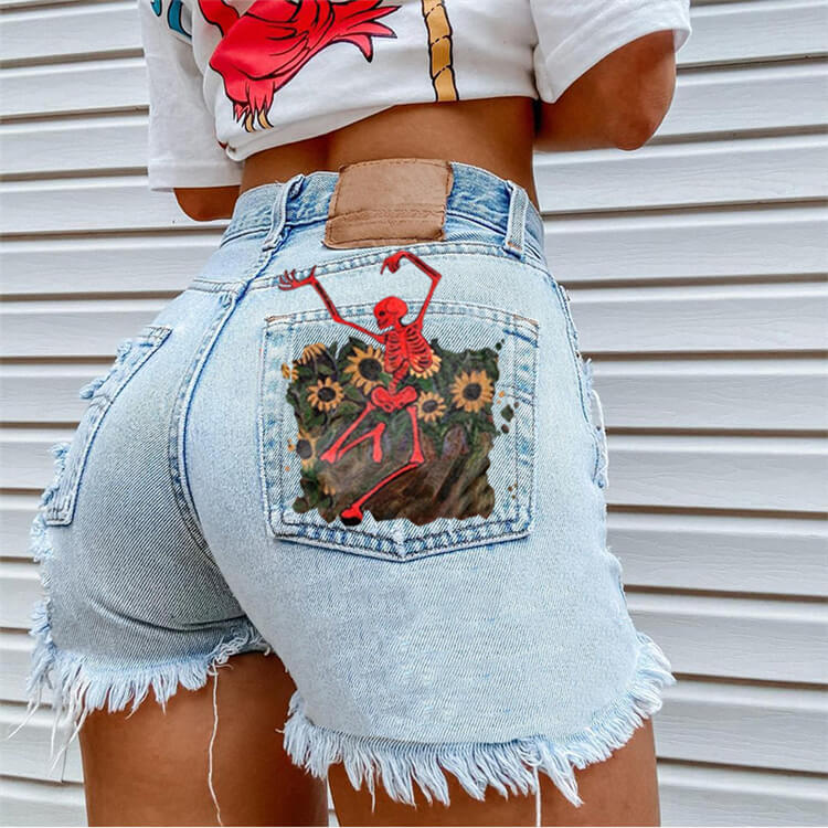 S-2XL Women Casual Skull Flowers Printed Raw Hem Ripped Denim Shorts