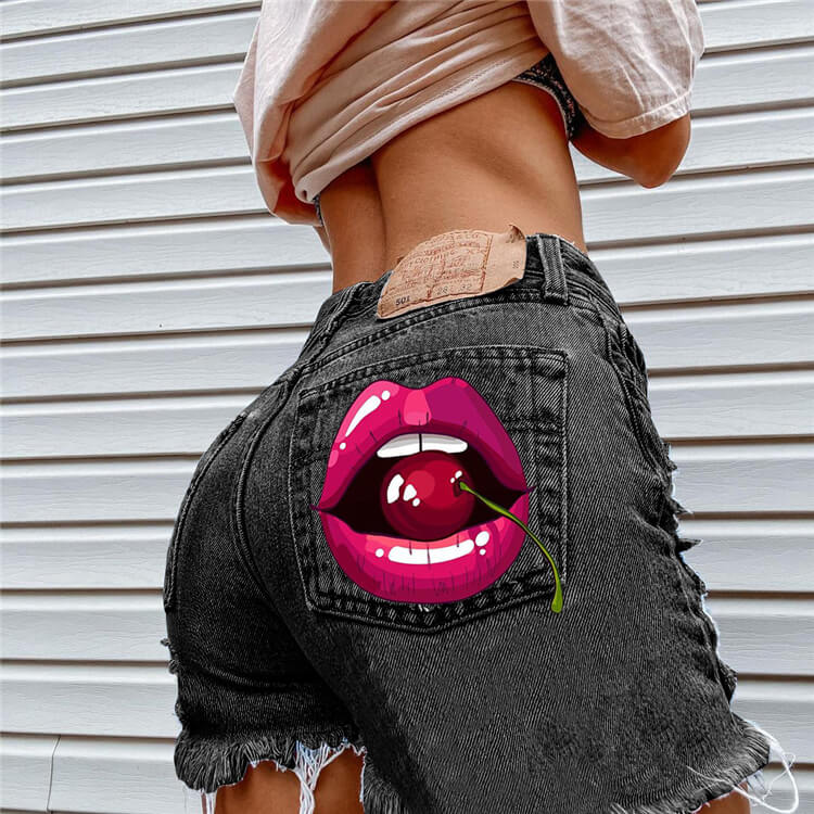 S-2XL Women Casual Cherry Lips Printed Raw Hem Ripped Denim Shorts