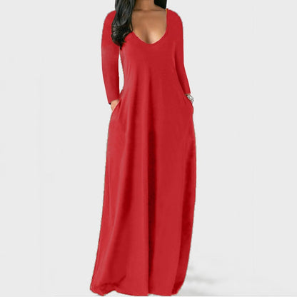S-5XL Women Casual Solid Color V Neck Maxi Dress