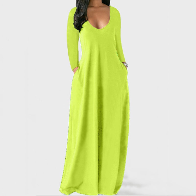 S-5XL Women Casual Solid Color V Neck Maxi Dress