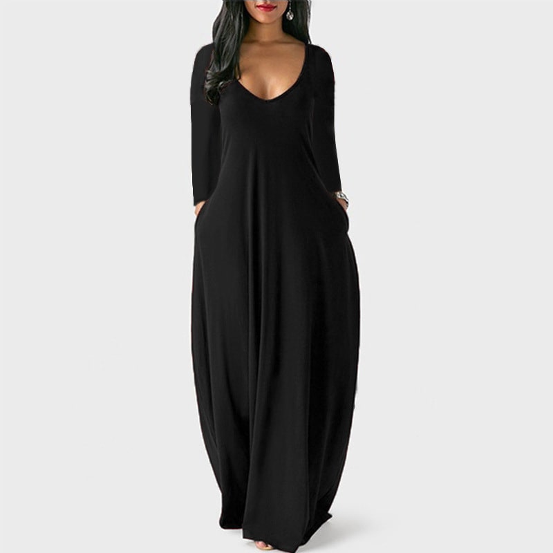 S-5XL Women Casual Solid Color V Neck Maxi Dress