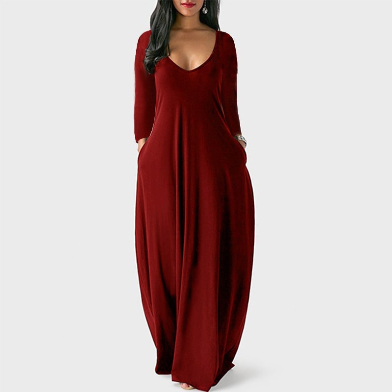 S-5XL Women Casual Solid Color V Neck Maxi Dress