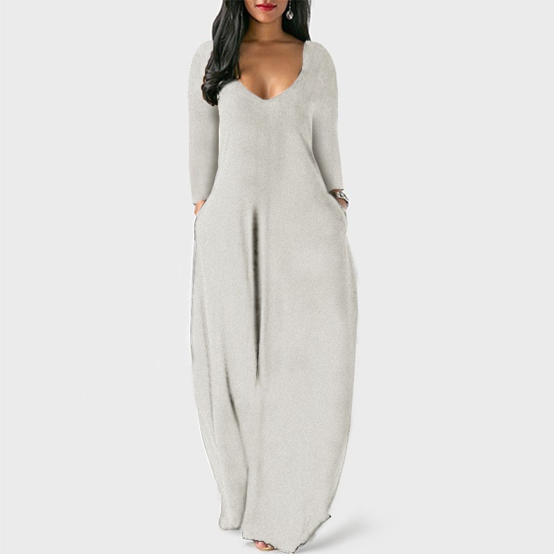 S-5XL Women Casual Solid Color V Neck Maxi Dress
