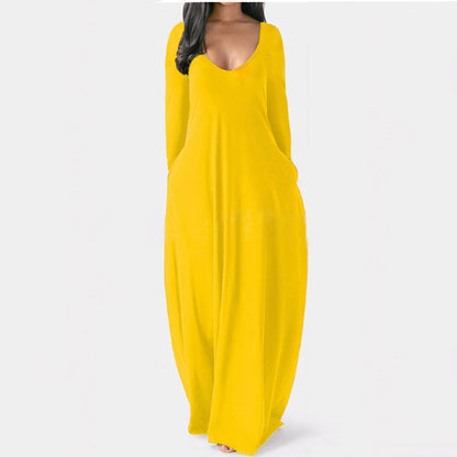 S-5XL Women Casual Solid Color V Neck Maxi Dress