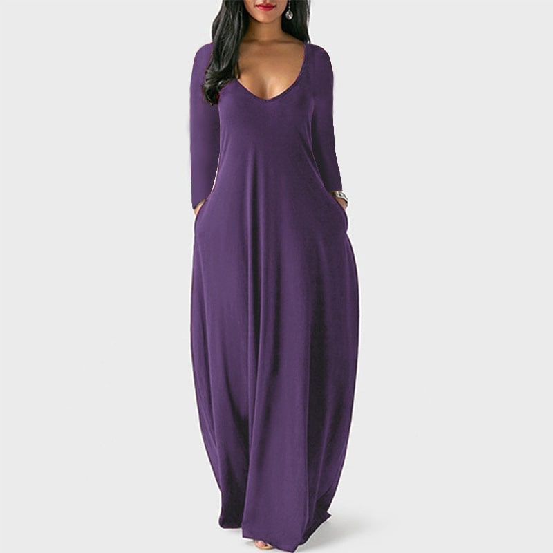 S-5XL Women Casual Solid Color V Neck Maxi Dress
