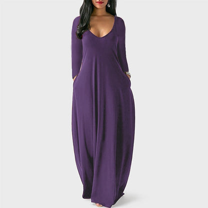 S-5XL Women Casual Solid Color V Neck Maxi Dress