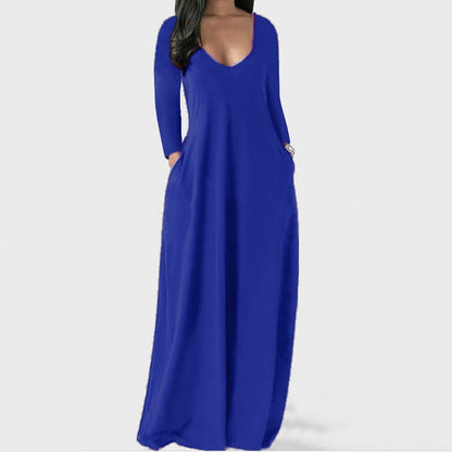 S-5XL Women Casual Solid Color V Neck Maxi Dress